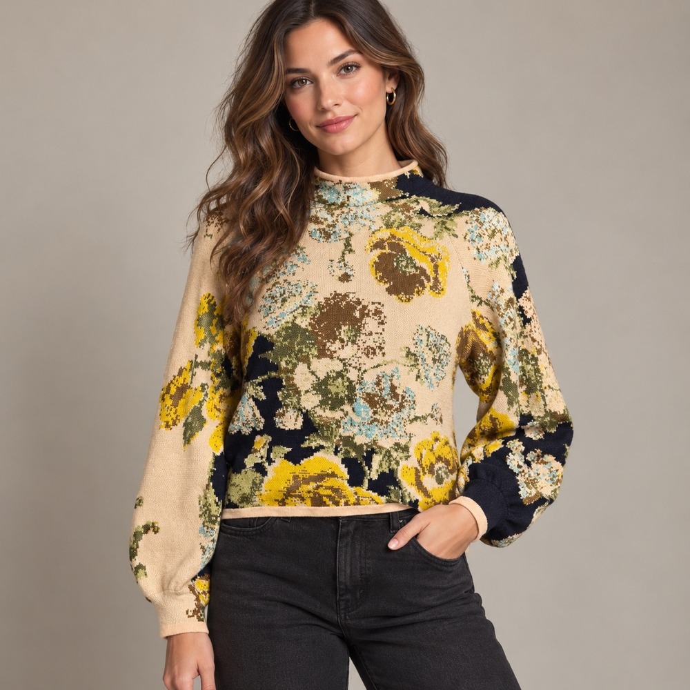 Anthropologie Beatriz Floral Jacquard Sweater Womens M Peach Yellow Mock Neck